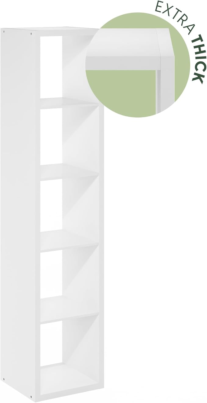 Furinno Cubicle Book Shelf, Vertical 5-Cube Bookshelf, Extra Thick Frame Horizontally & Vertically Reversible Bookcase with Open Back, 14.6" x 16" x 72", for Living Room, Bedroom, Home Office, White