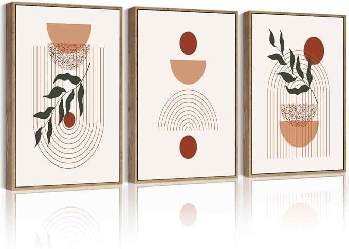 Drsoum Green Botanical Boho Plant Wall Art Framed Modern Sage Wall Decor Abstract Geometry Lines Artwork Hallway Bedroom Prints Ready to Hang 11x14in Natural Framed