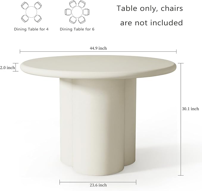 44.9" Modern Round Dining Table for 4-6, 2" Thickened Matte Concrete Tabletop & Unique Cloud-Shaped Pedestal, Circle Kitchen Table for Dining Room Apartment, Easy Assembly & Clean (White, Only Table)