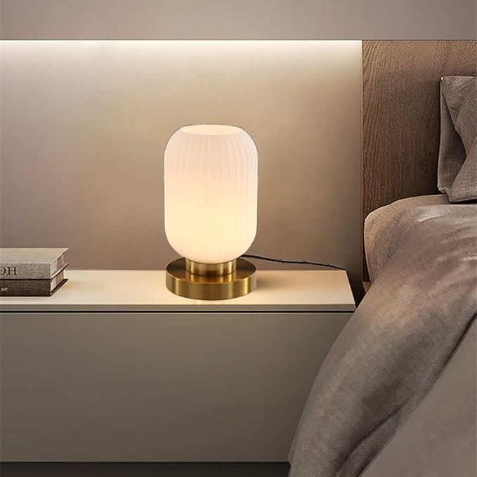 Modern Glass Table Lamp with Ribbed Shade, White, 10.6 x 5.9 inches, E26, for Bedside Bedroom Living Room Office