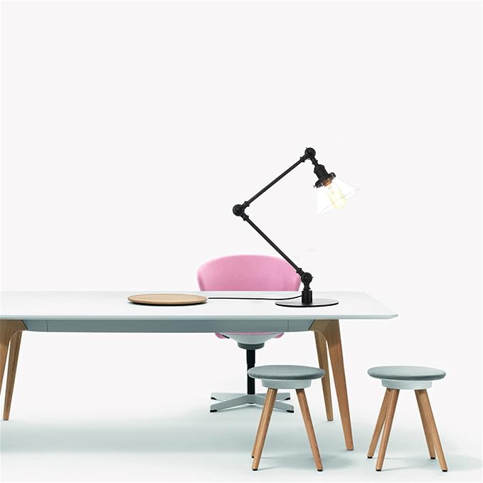 Table Lamp, Adjustable Swing Arm Metal Desk Lamp with Clear Glass Shade, Vintage E26 Reading Light for Bedroom or Bedside