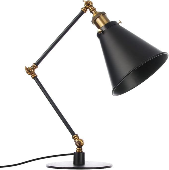 Makeup Vintage Desk Lamp, Industrial Metal Task Table Lamp with Adjustable Swing Arm, Bedroom Bedside Night Light Cafe Antique Reading Lighting,Black+Gold