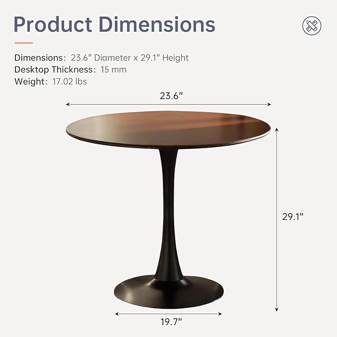 23.6 Inch Tulip Dining Table, Mid-Century Walnut Round Kitchen Table with MDF Tabletop and Pedestal Base, Modern Leisure Table for Small Space Kitchen Dining Room