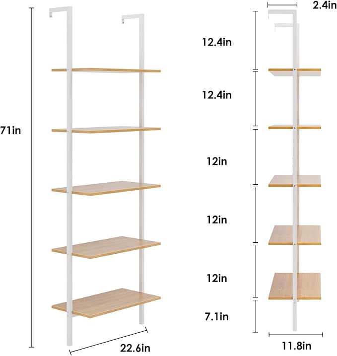 DlandHome Industrial Wall Mounted Shelves 5-Tier Ladder Shelves Bookcase Open Display Shelves with Metal Frame，Teak