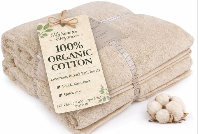 Maisonette Elegance 100% Organic Cotton Turkish Bath Towels, Soft & Absorbent, Ideal Quick Dry Large Luxury Bathroom Towel Set for Shower (30" x 58", 2 Pack) - Light Beige (Natural)