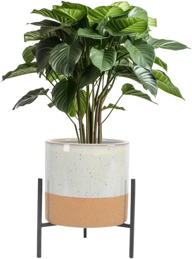 23 Bees Mid-Century Modern Ceramic Planter with Plant Stand Indoor Decorative Plant Pot with Stand in Earthy Beige and White Glaze, Black Metal Stand (Large 16 inch plant pot, Three sizes) (Medium)