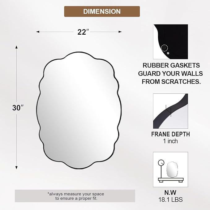 ANDY STAR Matte Black Scalloped Wall Mirror -22x30 Inch Wavy Oval Bathroom Mirror for Vanity, Living Room & Entryway, Anti Rust Stainless Steel Wall Mount Horizontal or Vertical