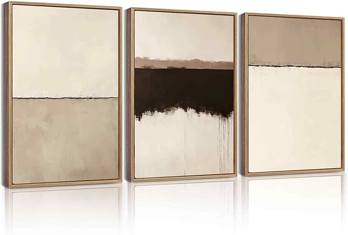 KUVIOKE Abstract Framed Canvas Wall Art Minimalist Beige Gray Pastel Watercolor Wall Decor Modern Illustration Neutral Art Painting for Bedroom Dining Room 12x16in (Natural Framed)