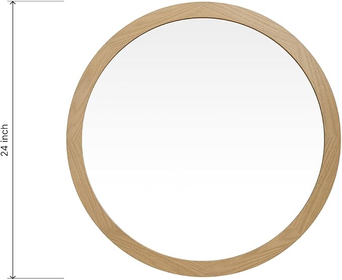ARIEL Round Wooden Mirror 24" in Natural Oak, Wood Circle Wall Mirror for Bathroom, Vanity, Entryway & Living Room Decor, Farmhouse Style