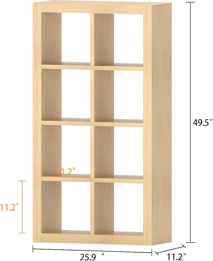 furtble Bookshelf with Storage Bins, 8-Cube Storage Organizer, Modern Wood Open Bookcase, Multifunctional Display Shelf for Living Room, Bedroom, Home Office, Oak