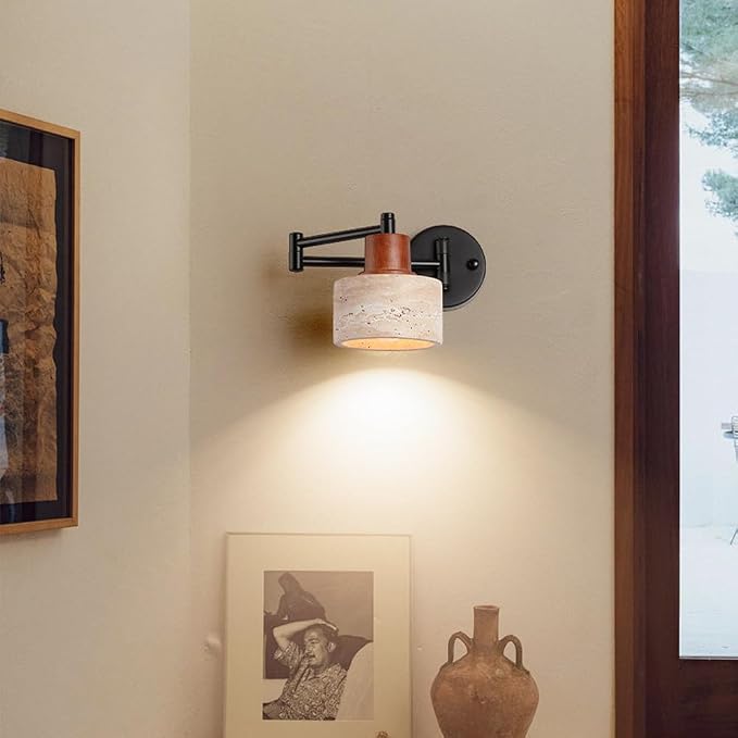 American Retro E27 Wall Sconce - Natural Yellow Travertine Swing Arm Lamp for Bedroom, Living Room, Study, and More