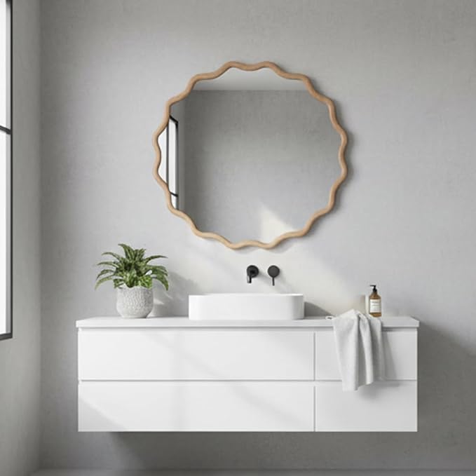 24" Wavy Round Solid Wood Frame Decorative Mirror, for Bedroom, Bathroom, Living Room, Entryway, HU26052223 (Wood)