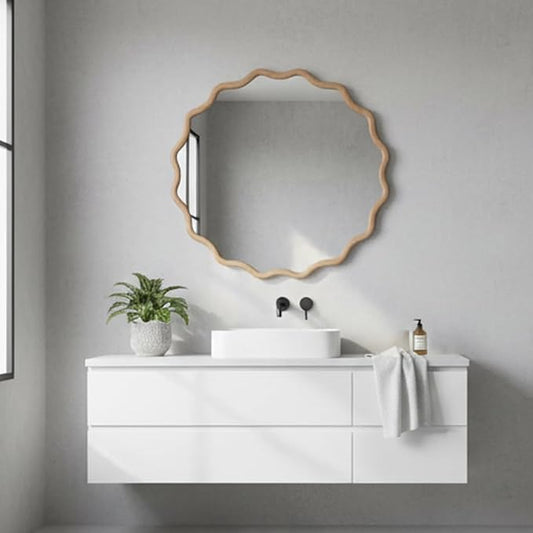 24" Wavy Round Solid Wood Frame Decorative Mirror, for Bedroom, Bathroom, Living Room, Entryway, HU26052223 (Wood)