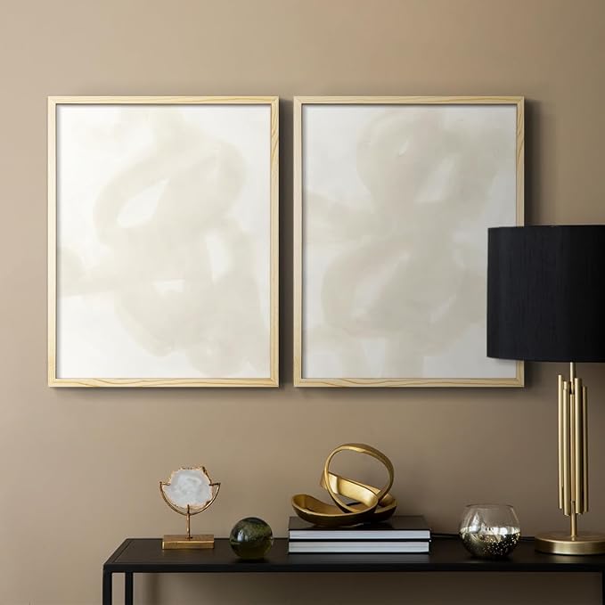 Renditions Gallery Set of 2 Peel & Stick Framed Prints, Abstract Wall Art, Beige and White Aesthetic Wall Decor, Re-Stickable - Ready to Hang - 8"x10" - NATURAL WOOD Frame LT588