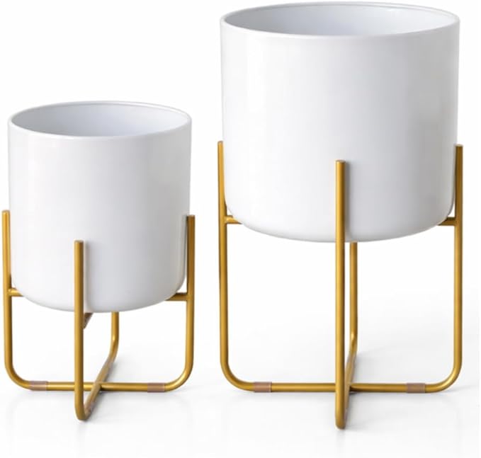 Kirpi Modern Planter Pots, Set of 2 Round White Planters with Gold Stand, Decorative Floor Planters, Metal Pots with Drainage Holes for Living Room, Office, Garden, 7 and 9 Inch Diameter