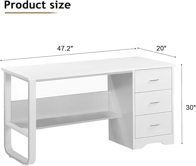 MaverickFurni White Desk with Drawers, 47 Inch Computer Desk with 3 Drawers for Bedroom, Study Desk with Drawers for Small Spaces, Bottom Shelves