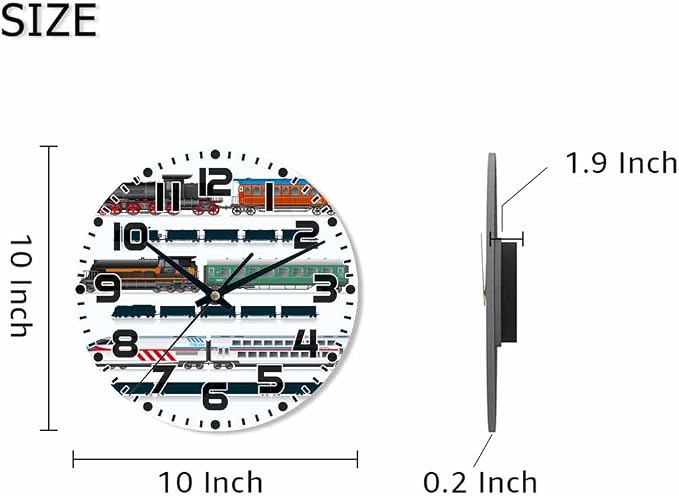 Train Wall Clock 10 inch Round Running on The Track Silent Non Ticking Wood Wall Clocks Battery Operated Easy to Read Decorative Wall Clock for Bedroom Kitchen Living Room Bathroom