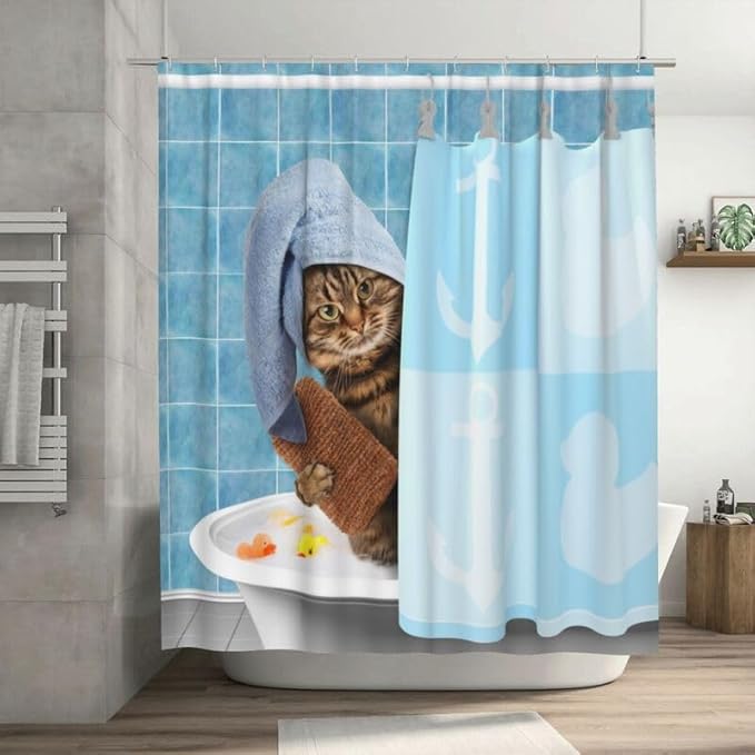 Cat Shower Curtain Funny Cat Taking Pattern Duty Fabric Shower Curtains Set Bathroom Polyester Waterproof with 12 Hooks, 55x72Inch（140x183cm）
