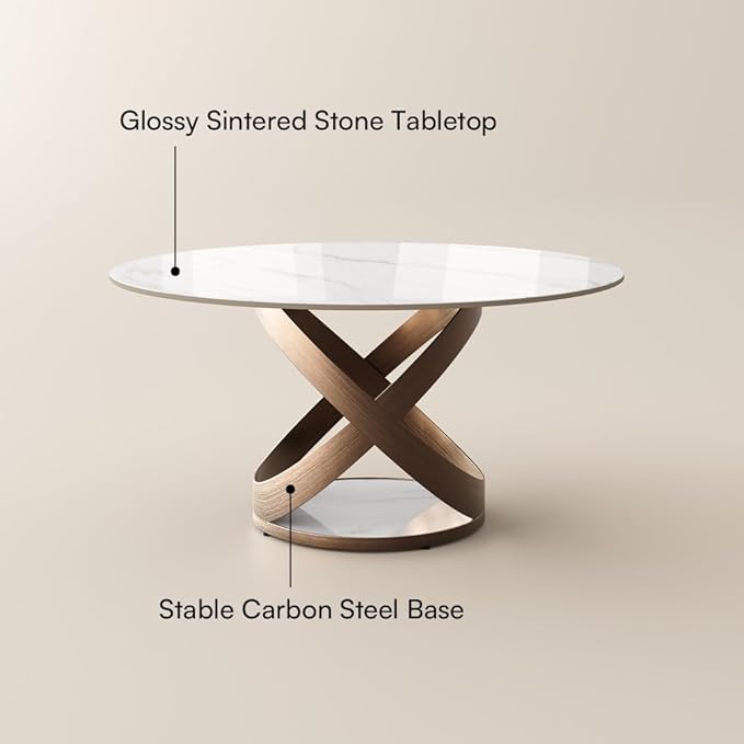 POVISON 59" Modern Round Dining Table, White Round Kitchen Table for 6, Sintered Stone Dining Room Table top with Bronze X Carbon Steel Base (Dining Table Only)