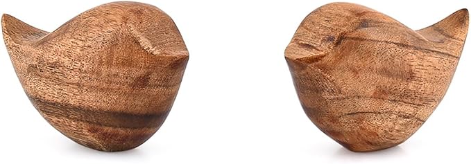 Kaizen Casa Statues Set of 2 Hand-Carved Wooden Bird Statues for Living Room, Bedroom, Tabletop – Boho Home Accents & Animal Gifts for Women, Bird Lovers (3.5'' X 2'' X 2.25'')