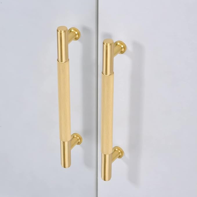 SALISENG-5 Pack Brushed Gold Cabinet Handles, Solid Brass Kitchen Drawer Pulls, 5 Inches Furniture Door Handles for Cupboard Bedroom Wardrobe(Arina)