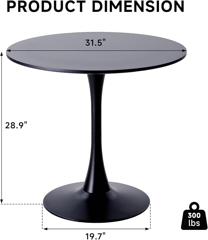 31.5" Round Dining Table for 4 Modern Circle Tulip Table with Metal Tulip Pedestal Base for Kitchen Dining Living Room Apartment Small Space Cafe, Black