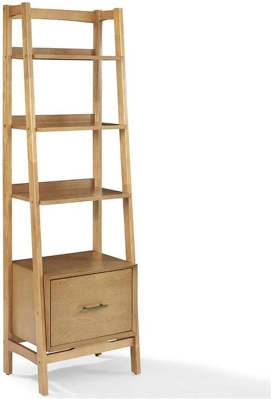 Allora 25" 4 Shelf Ladder Bookcase, Acorn Finish, MDF and Solid Hardwood, 70.13" H x 22.13" W x 15.13" D, Mid-Century Modern Style, Drawer and Fixed Shelves, Home Office or Living Room Storage