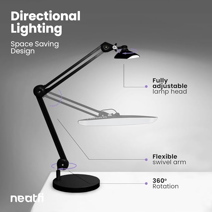 Neatfi XL Nail Desk Lamp with Clamp, 2200 Lumens, 20-Inch Wide Head, Dimmable 4 Levels, 6500K, LED Task Light for Manicure Table, Crafts, Workbench, Office (Non-CCT with Base, Black)