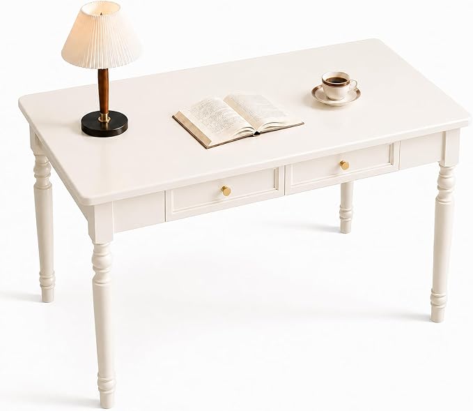 Walnut Writing Desks with Drawers, 47" Solid Wood French Country Style Computer Desk for Home Office, Living Room Study Workspace or Bedroom, Traditional Vanity Dressing Table