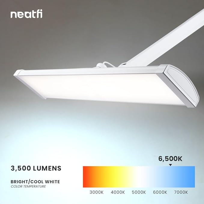 Neatfi Ultra Desk Lamp – 3,500 Lumens, 45W LED, 26-Inch Wide Shade, 5 Brightness Levels, Clamp Mount, Shadow-Free, Non-Flickering Light (Non-CCT with Clamp, White)