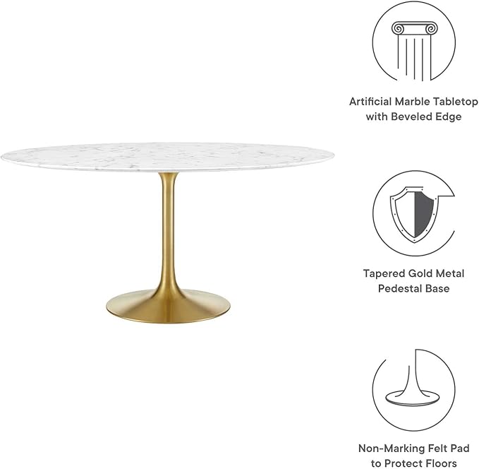 Modway Lippa 60" Mid-Century Dining Table with Round Artificial Marble Top in Gold White