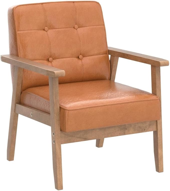Okeysen Accent Chairs Set of 2 with Side Table, Mid Century Modern Accent Chair, Retro Wood and Leather Armchairs Side Chair, Lounge Reading Comfy Armchair for Living Room, Bedroom, Office（Brown