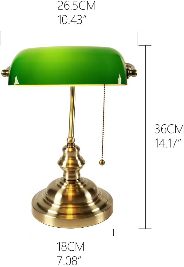 FIRVRE Bankers Desk Lamp, Green Glass Shade, Antique Desk Lamps with Brass Base, Vintage Library Lamp with Pull Chain, Retro Table Lamps for Home Office, Study Room (LED Bulb Included)