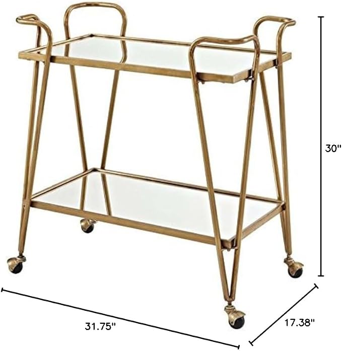 Riverbay Furniture Mid-Century Bar Cart, Mirrored Top and Shelf, Gold Finish, Iron Frame, 30" W x 17.38" D x 31.75" H, Mobile Design with Castors, Stylish Home Storage