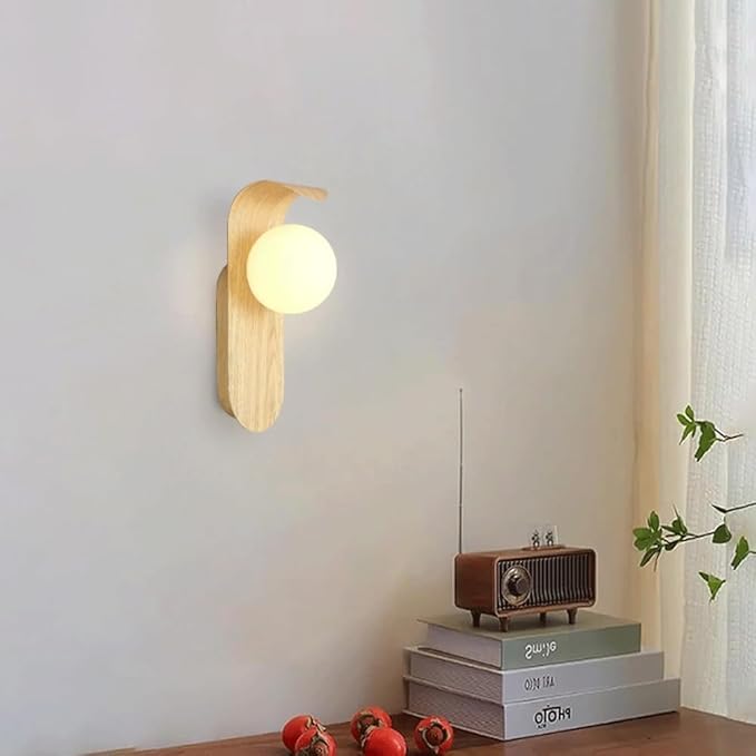Mid Century Wall Sconce Walnut Texture Glass Globe Wall Lighting Wood Industrial Farmhouse Wall Light Bedside Indoor Retro Industrial Wall Mounted Lamp for Living Room Bedroom Bathroom