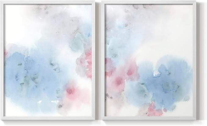 Renditions Gallery Set of 2 Peel & Stick Framed Prints, Watercolor Abstract Wall Art, Cotton Candy Splash Wall Decor, Re-Stickable - Ready to Hang - 11"x14" - White Frame LT588