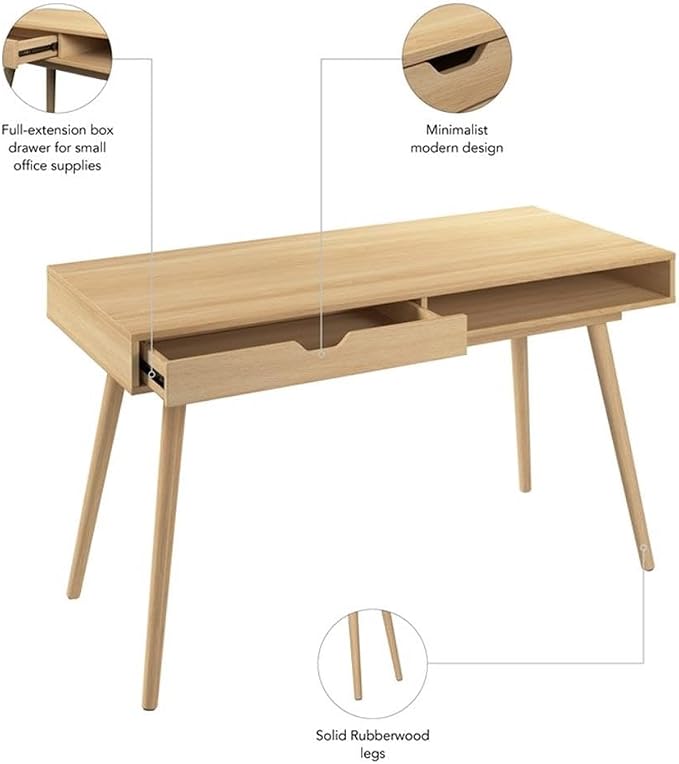 Bush Home Nora 54W Writing Desk with Storage in Natural Oak | Large Wooden Computer Table for Home Office, Study Room, or Entryway