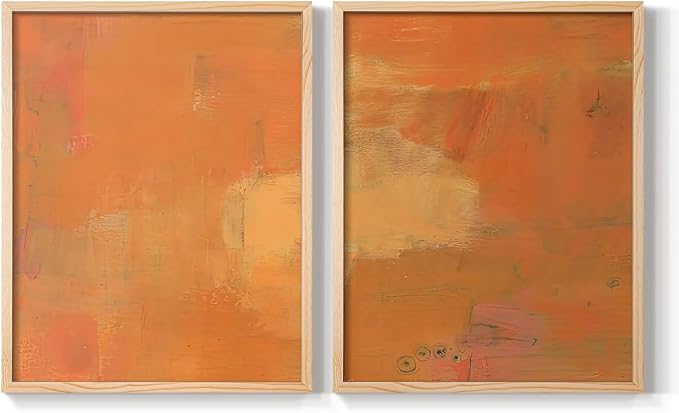 Renditions Gallery Set of 2 Peel & Stick Framed Prints, Abstract Wall Art, Rustic Fain Marking with Brush Strokes Wall Decor, Re-Stickable - Ready to Hang - 11"x14" - NATURAL WOOD Frame LT588