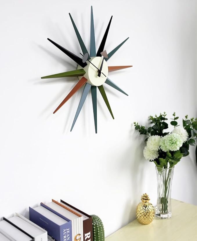 Mid Century Modern Wall Clock Large Silent Non Ticking 18 inch Solid Wood Retro Sunburst Clock for Living Room Decor,Office Kitchen