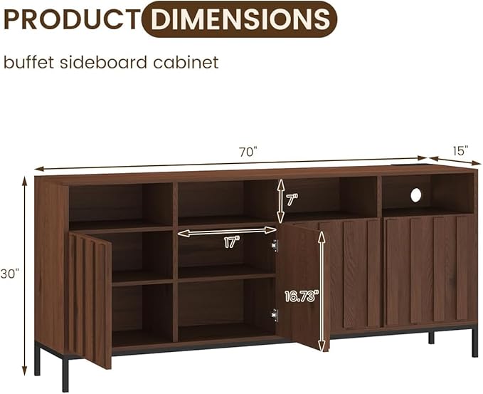 COCO DESIGN 70" Buffet Sideboard Cabinet with Fluted Panel Doors, Large Credenza Console with Power Outlet & Adjustable Shelves, Modern Storage Cabinet for Kitchen & Living Room, Walnut