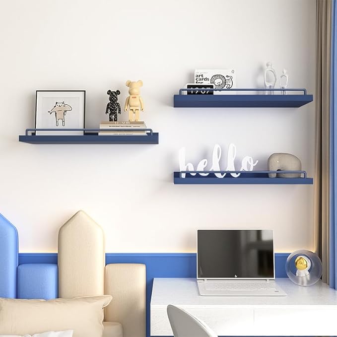 Floating Shelves, Bathroom Decor Shelves Over Toilet, Farmhouse Wall Shelves for Living Room, Bedroom, Picture Frames, Plants, Kitchen, Set of 3 (Dark Blue)