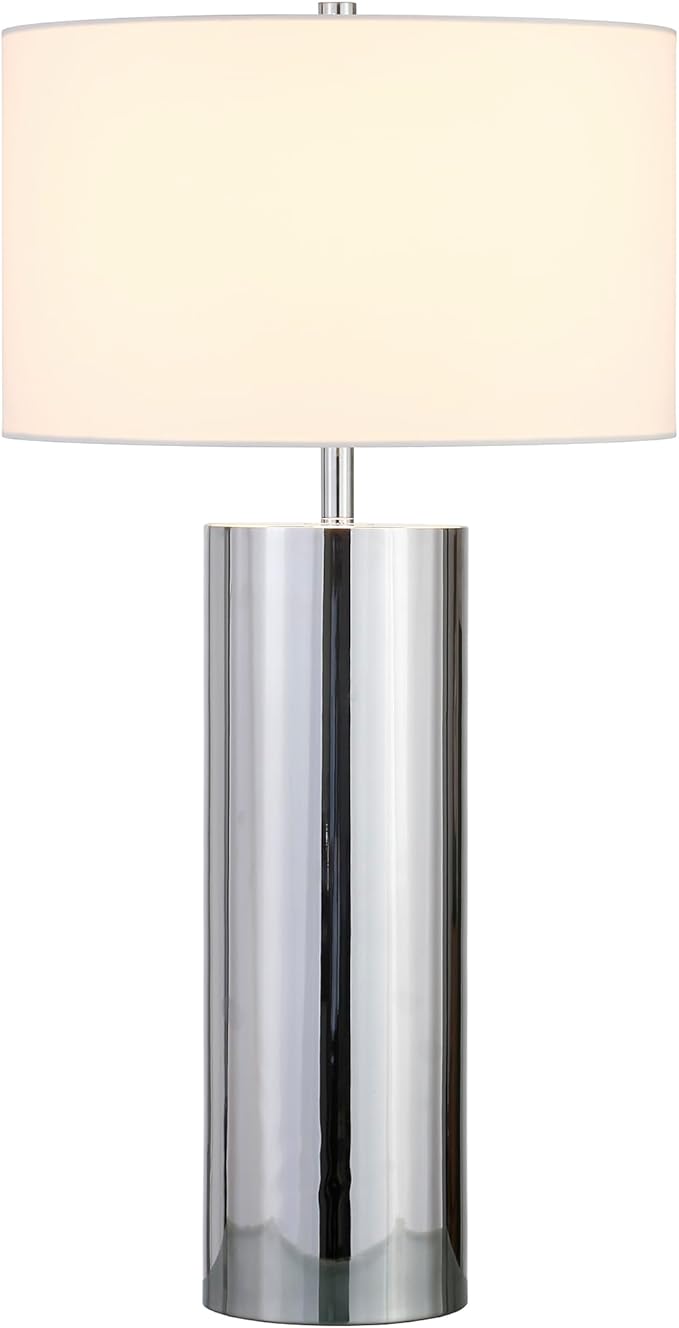 Henn&Hart 29.5" Mid-Century Modern 1-Light Table Lamp with White Fabric Drum Shade for Living Room, Bedroom, or Office, Polished Silver