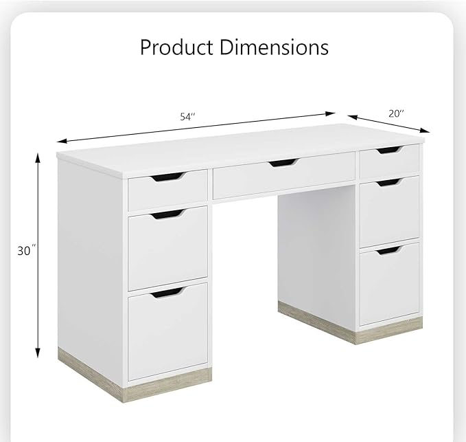 MaverickFurni White Desk with 7 Drawers, 54 Inch Executive Desk with Drawers for Bedroom, Home Office Desk with Drawers for Work Writing Study, Small Spaces