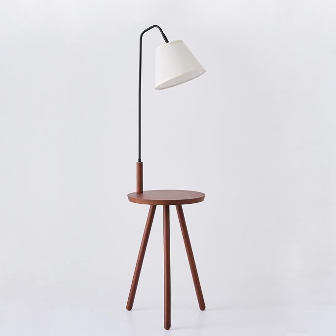 Fiqevs Wood Tripod Floor Lamp with Shelf & LED Bulbs, Mid-Century Modern Standing Lamp with Wooden Shelf & Linen Shade for Living Room, Bedroom, Office