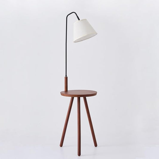 Fiqevs Wood Tripod Floor Lamp with Shelf & LED Bulbs, Mid-Century Modern Standing Lamp with Wooden Shelf & Linen Shade for Living Room, Bedroom, Office