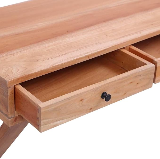Solid Mahogany Wood Computer Desk with 3 Drawers, Rectangular Writing Table for Home Office, Medium Study Workstation, Stained Brown Finish