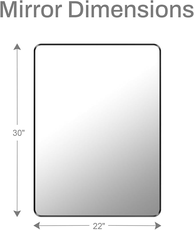 22x30 inch Black Bathroom Mirror, Rounded Rectangle Metal Aluminum Alloy Frame, HD Tempered Glass, Horizontal or Vertical Hanging, Modern Bathroom Decor