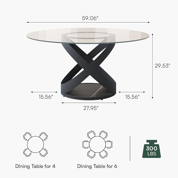 POVISON 59" Modern Round Dining Table, Glass Round Kitchen Table for 6, Glass Dining Room Table Top with Black X Carbon Steel Base for Dining Room (Dining Table Only)
