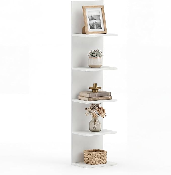 GOFLAME 5-Tier Wall Shelf, Wooden Display Floating Shelves, Wall Mounted Bookshelf Shelving Unit, Modern Storage Organizer Vanity Shelves for Living Room, Bedroom, Home Office (1,White)