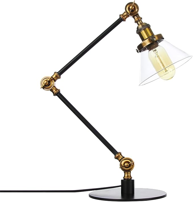 Table Lamp, Adjustable Swing Arm Metal Desk Lamp with Clear Glass Shade, Vintage E26 Reading Light for Bedroom or Bedside
